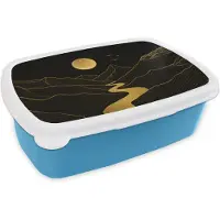 MuchoWow Broodtrommel Blauw - Lunchbox Rivier - Goud - Maan - Vogels - Brooddoos 18x12x6 cm - Brood lunch box - Broodtrommels voor kinderen en volwassenen