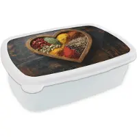 MuchoWow Broodtrommel Wit - Lunchbox Houten - Hart - Kleurrijke - Specerijen - Brooddoos 18x12x6 cm - Brood lunch box - Broodtrommels voor kinderen en volwassenen