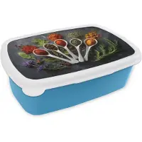 MuchoWow Broodtrommel Blauw - Lunchbox Lepels - Wit - Poeder - Kruiden - Brooddoos 18x12x6 cm - Brood lunch box - Broodtrommels voor kinderen en volwassenen