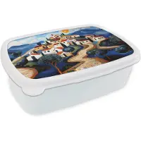 MuchoWow Broodtrommel Wit - Lunchbox Dorp - Heuvelachtig - Zon - Mozaïek - Brooddoos 18x12x6 cm - Brood lunch box - Broodtrommels voor kinderen en volwassenen