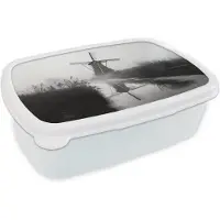 MuchoWow Broodtrommel Wit - Lunchbox Molen - Weerspiegeling - Landschap - Water - Brooddoos 18x12x6 cm - Brood lunch box - Broodtrommels voor kinderen en volwassenen