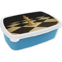 MuchoWow Broodtrommel Blauw - Lunchbox Schaakstuk - Koning - Schaakbord - Geblokt - Brooddoos 18x12x6 cm - Brood lunch box - Broodtrommels voor kinderen en volwassenen