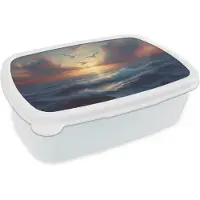 MuchoWow Broodtrommel Wit - Lunchbox Meeuwen - Zonsondergang - Zee - Wolken - Brooddoos 18x12x6 cm - Brood lunch box - Broodtrommels voor kinderen en volwassenen