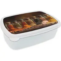 MuchoWow Broodtrommel Wit - Lunchbox Potjes - Kruiden - Specerijen - Korrels - Brooddoos 18x12x6 cm - Brood lunch box - Broodtrommels voor kinderen en volwassenen