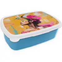 MuchoWow Broodtrommel Blauw - Lunchbox Vogel - Vrouw - Abstract - Bloem - Brooddoos 18x12x6 cm - Brood lunch box - Broodtrommels voor kinderen en volwassenen