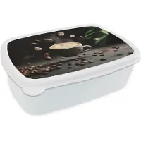 MuchoWow Broodtrommel Wit - Lunchbox Cappuccino - Kop - Bonen - Bruin - Brooddoos 18x12x6 cm - Brood lunch box - Broodtrommels voor kinderen en volwassenen