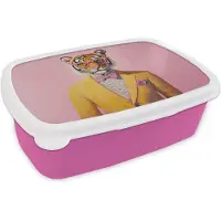 MuchoWow Broodtrommel Roze - Lunchbox Tijger - Bril - Geel - Jasje - Brooddoos 18x12x6 cm - Brood lunch box - Broodtrommels voor kinderen en volwassenen