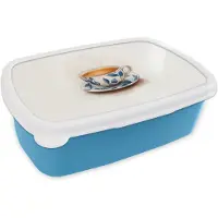 MuchoWow Broodtrommel Blauw - Lunchbox Theekop - Bladeren - Blauw - Brooddoos 18x12x6 cm - Brood lunch box - Broodtrommels voor kinderen en volwassenen