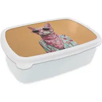 MuchoWow Broodtrommel Wit - Lunchbox Zonnebril - Kat - Sjaal - Bloemen - Brooddoos 18x12x6 cm - Brood lunch box - Broodtrommels voor kinderen en volwassenen