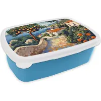 MuchoWow Broodtrommel Blauw - Lunchbox Huizen - Mozaïek - Sinaasappelbomen - Zee - Brooddoos 18x12x6 cm - Brood lunch box - Broodtrommels voor kinderen en volwassenen