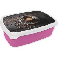 MuchoWow Broodtrommel Roze - Lunchbox Kop - Koffie - Hout - Bonen - Brooddoos 18x12x6 cm - Brood lunch box - Broodtrommels voor kinderen en volwassenen
