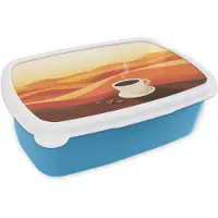 MuchoWow Broodtrommel Blauw - Lunchbox Koffie - Landschap - Oranje - Koffiebonen - Brooddoos 18x12x6 cm - Brood lunch box - Broodtrommels voor kinderen en volwassenen