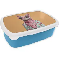 MuchoWow Broodtrommel Blauw - Lunchbox Zonnebril - Kat - Sjaal - Bloemen - Brooddoos 18x12x6 cm - Brood lunch box - Broodtrommels voor kinderen en volwassenen
