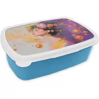 MuchoWow Broodtrommel Blauw - Lunchbox Abstract - Vrouw - Bloemenkroon - Goud - Brooddoos 18x12x6 cm - Brood lunch box - Broodtrommels voor kinderen en volwassenen