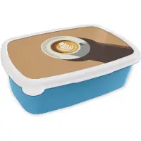 MuchoWow Broodtrommel Blauw - Lunchbox Cappuccino - Kop - Schotel - Minimalitisch - Brooddoos 18x12x6 cm - Brood lunch box - Broodtrommels voor kinderen en volwassenen