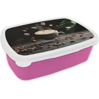 MuchoWow Broodtrommel Roze - Lunchbox Cappuccino - Kop - Bonen - Bruin - Brooddoos 18x12x6 cm - Brood lunch box - Broodtrommels voor kinderen en volwassenen