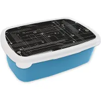 MuchoWow Broodtrommel Blauw - Lunchbox Abstract - Lijnen - Rondjes - Zwart - Brooddoos 18x12x6 cm - Brood lunch box - Broodtrommels voor kinderen en volwassenen