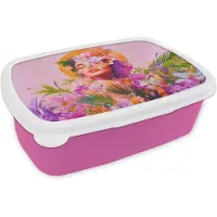 MuchoWow Broodtrommel Roze - Lunchbox Vrouw - Abstract - Cirkel - Bloemen - Brooddoos 18x12x6 cm - Brood lunch box - Broodtrommels voor kinderen en volwassenen