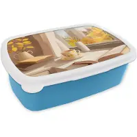 MuchoWow Broodtrommel Blauw - Lunchbox Thee - Boek - Thee - Herfst - Brooddoos 18x12x6 cm - Brood lunch box - Broodtrommels voor kinderen en volwassenen