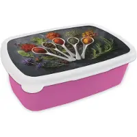 MuchoWow Broodtrommel Roze - Lunchbox Lepels - Wit - Poeder - Kruiden - Brooddoos 18x12x6 cm - Brood lunch box - Broodtrommels voor kinderen en volwassenen