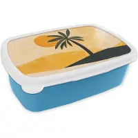 MuchoWow Broodtrommel Blauw - Lunchbox Illustratie - Palmboom - Zon - Heuvels - Brooddoos 18x12x6 cm - Brood lunch box - Broodtrommels voor kinderen en volwassenen
