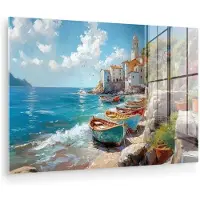MuchoWow Glasschilderij 120x80 cm - Schilderij acrylglas - Boten - Rotsen - Zee - Zon - Foto op glas - Muurdecoratie woonkamer - Wanddecoratie slaapkamer - Schilderijen