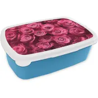 MuchoWow Broodtrommel Blauw - Lunchbox Rozen - Pink - Bloem - Brooddoos 18x12x6 cm - Brood lunch box - Broodtrommels voor kinderen en volwassenen