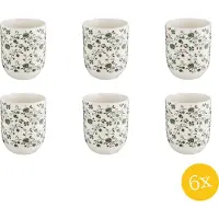 Clayre & Eef Mok set van 6 stuks 100 ml Wit Groen Porselein Rond Bloemen Theemok