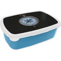 MuchoWow Broodtrommel Blauw - Lunchbox Kompas - Delfts blauw - Zwart - Brooddoos 18x12x6 cm - Brood lunch box - Broodtrommels voor kinderen en volwassenen