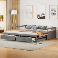 Merax Logeerbed 90/180x200 cm – Uitschuifbaar Houten Bed met Opbergladen en Lattenbodem - Grijs