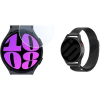 Strap-it Milanese band + Screenprotector - geschikt voor Samsung Galaxy Watch 7 40mm / Watch 6 40mm / Watch 5 40mm / Watch 4 40mm / Watch FE - RVS Stalen band - Magnetische sluiting - Zwart