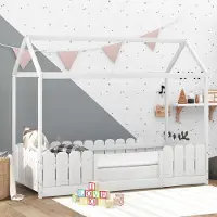 Merax Huisbed 90x200 cm – Kinderbed van Hout met Uitvalbeveiliging – Inclusief Lattenbodem – Wit