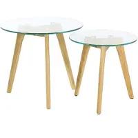 Home Deco Factory Bijzettafeltjes met glazen blad en houten poten (set van 2) - Diam. 50 en 40 cm