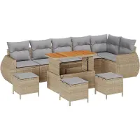 vidaXL - Tuinbank - Set - met - kussen - 10 - pcs - Beige - en - Lichtgrijs - Poly - Riet