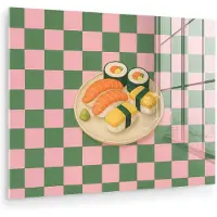 MuchoWow Glasschilderij 160x120 cm - Schilderij acrylglas - Sushi - Bord - Geblokt - Groen - Foto op glas - Muurdecoratie woonkamer - Wanddecoratie slaapkamer - Schilderijen