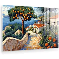 MuchoWow Glasschilderij 180x120 cm - Schilderij acrylglas - Huizen - Mozaïek - Sinaasappelbomen - Zee - Foto op glas - Muurdecoratie woonkamer - Wanddecoratie slaapkamer - Schilderijen