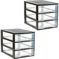 PlasticForte Ladekastje bureau organizer - 2x - 3 lades - zwart/transparant - H27 x B25,5 cm x D35 cm - kunststof