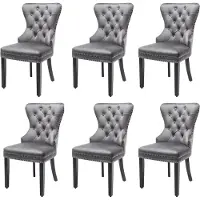Merax Fluwelen eetkamerstoel set met eiken poten - chroom knocker en spijkerkop trim - slaapkamerstoel - keukenstoel - woonkamer loungestoel - grijs - 6 stuks