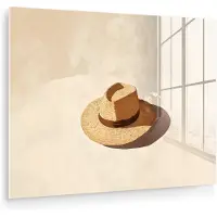 MuchoWow Glasschilderij 160x120 cm - Schilderij acrylglas - Hoed - Minimalistisch - Schaduw - Beige - Foto op glas - Muurdecoratie woonkamer - Wanddecoratie slaapkamer - Schilderijen