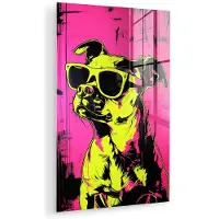 MuchoWow Glasschilderij 120x180 cm - Schilderij acrylglas - Hond - Zonnebril - Roze - Art - Foto op glas - Muurdecoratie woonkamer - Wanddecoratie slaapkamer - Schilderijen