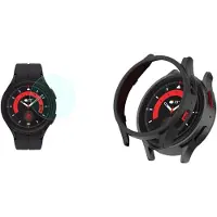 Strap-it Hard Case (Zwart) + Screenprotector - Geschikt voor Samsung Galaxy Watch 5 Pro - Beschermende hoes - Schermbeschermer - Schokbestendig & krasbestendig - 360° volledige bescherming - Bundel
