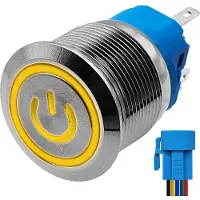 Proride Metalen Drukschakelaar 12V ON-OFF met Aansluitkabel - 22mm - Aan/uit schakelaar - Spatwaterdicht - 12V/24V - LED Indicatie Geel
