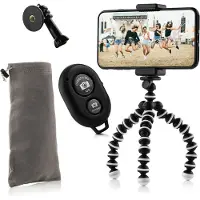 MOJOGEAR Flexibel mini-statief met extra flexibele poten KIT: incl. telefoonhouder, bluetooth remote, GoPro-adapter & opbergzakje