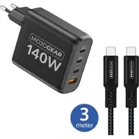 MOJOGEAR CHARGE+ 140 Watt oplader met USB-C naar USB-C kabel 3 meter | Geschikt voor Samsung/iPhone 15/16