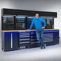 Datona Werkplaatsinrichting PREMIUM met eiken werkblad en extra brede lades - 340 cm breed - Zwart