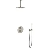 Hotbath Cobber IBS20A inbouw regendoucheset met staafhanddouche aan houder en 25cm ronde hoofddouche aan 15cm plafondarm geborsteld nikkel