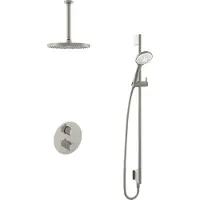 Hotbath Cobber IBS20A inbouw regendoucheset met ronde handdouche aan glijstang en 25cm ronde hoofddouche aan 30cm plafondarm geborsteld nikkel