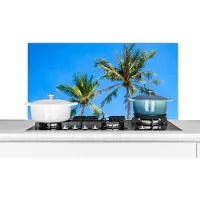 KitchenYeah Spatscherm keuken 100x50 cm - Kookplaat achterwand Palm - Zomer - Tropisch - Muurbeschermer - Spatwand fornuis - Hoogwaardig aluminium