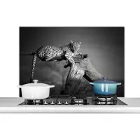 KitchenYeah Spatscherm keuken 100x65 cm - Kookplaat achterwand Panter - Boom - Dieren - Zwart - Wit - Muurbeschermer - Spatwand fornuis - Hoogwaardig aluminium