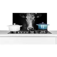 KitchenYeah Spatscherm keuken 70x30 cm - Kookplaat achterwand Dieren - Koe - Zwart - Wit - Koeienkop - Muurbeschermer - Spatwand fornuis - Hoogwaardig aluminium